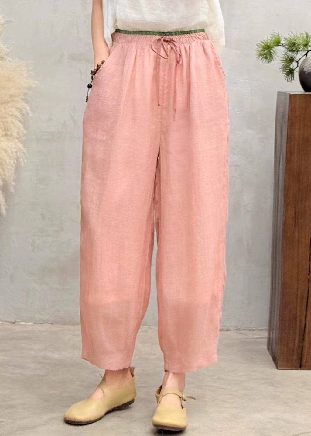 Pantalon d'été surdimensionné en lin marron simple sarouel