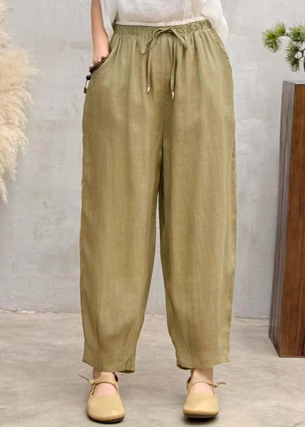 Pantalon d'été surdimensionné en lin marron simple sarouel