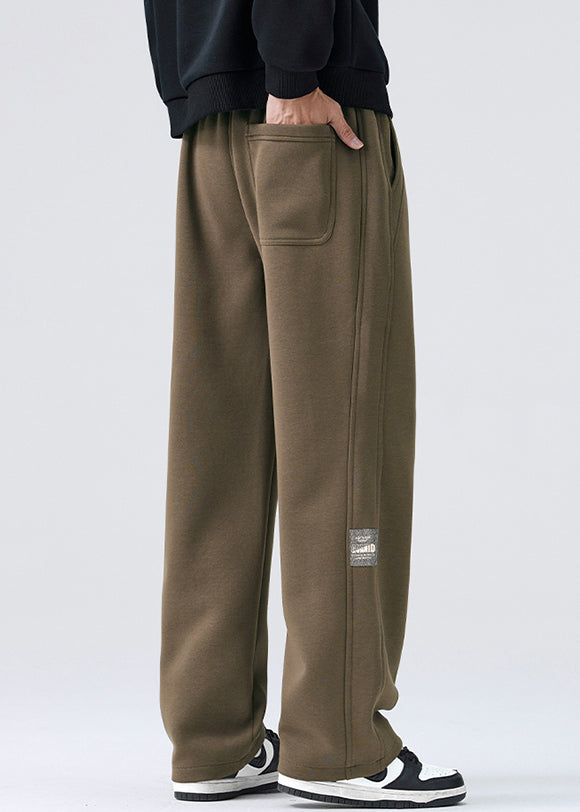 Simple Coffee Lace Up Elastische Taille Warme Fleece Herrenhose Frühling RM040