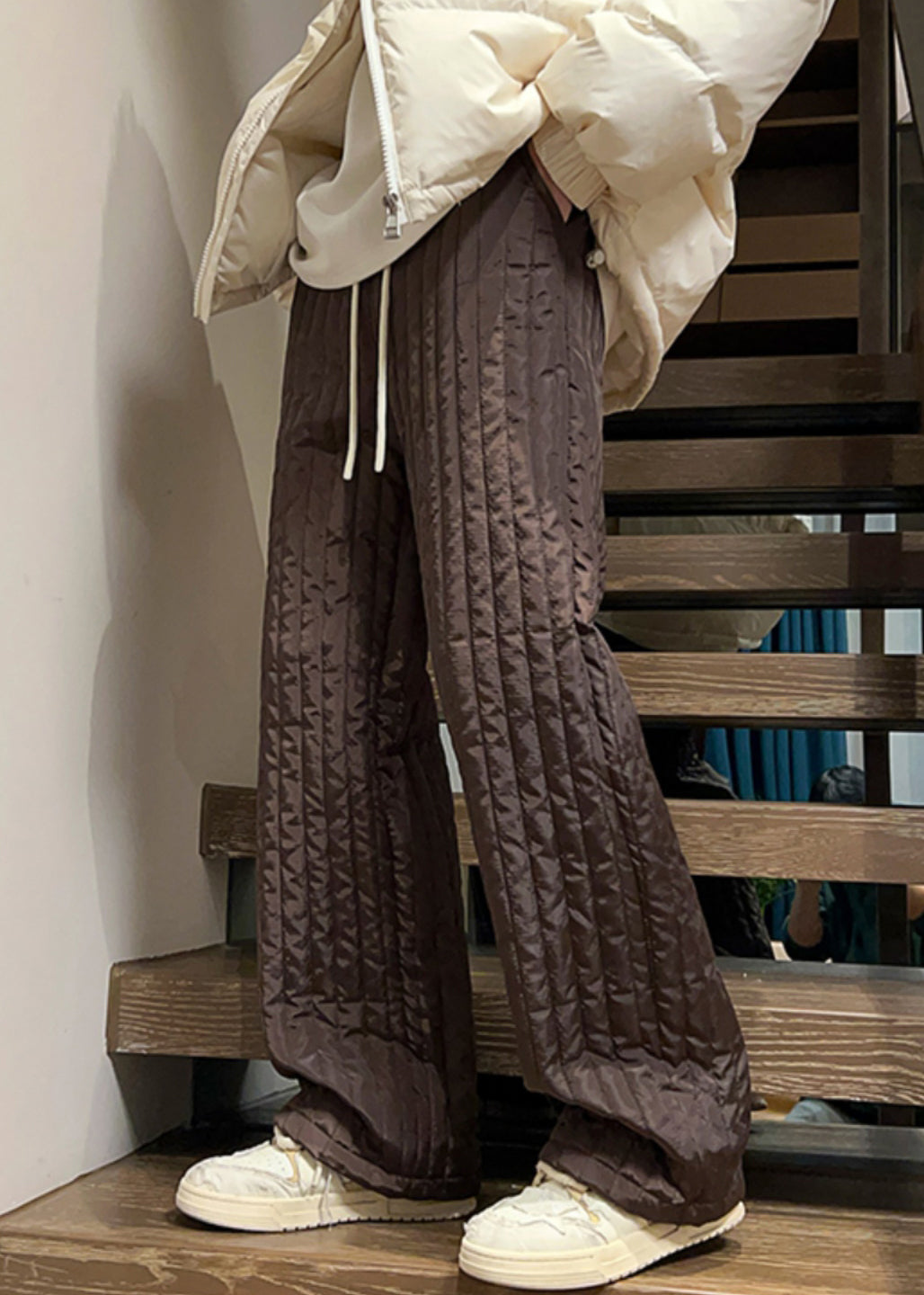 Einfache Kaffee Taschen Solide Elastische Taille Baumwolle Gefüllt Männer Hosen Winter RM031