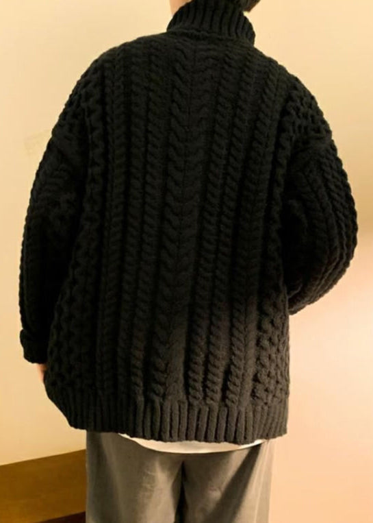 Simple Dunkelgrau Gemütlicher Baumwoll-Zopfmuster-Herrenpullover Rollkragenpullover Winter RJ043