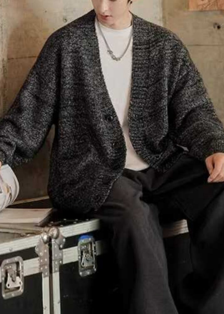 Cardigans de printemps simples pour hommes, poches, col en V, tricot gris foncé