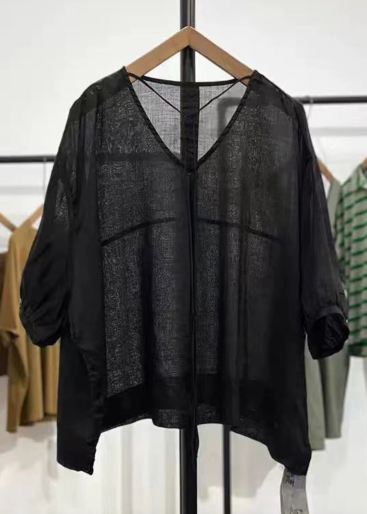 Einfaches grünes Baumwolltop mit V-Ausschnitt und Schnürung, halbe Ärmel, RE004