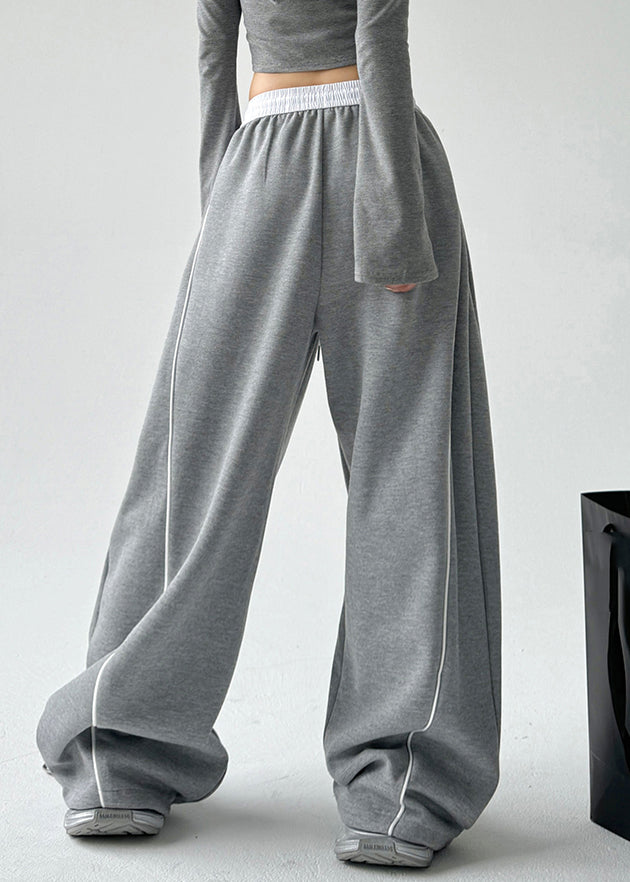 Einfache graue Hose mit weitem Bein und elastischer Taille und Kordelzug, Frühling TA047