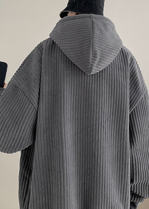 Simple Grau Kapuzentaschen Dicker Cord Herren Sweatshirts Winter RP054