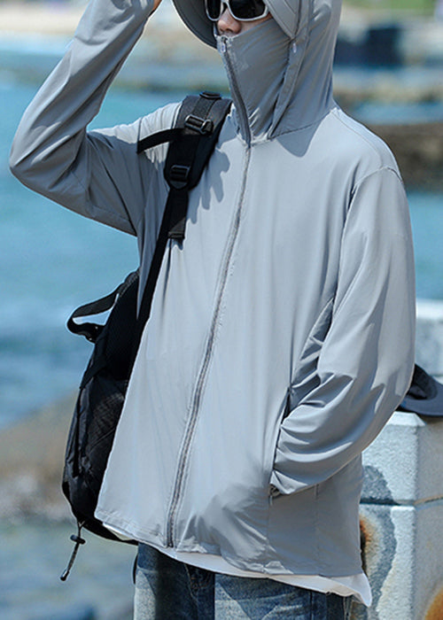 Kapuzenmantel Herren Taschen 50+ Reißverschluss Grau Sommer Einfach UPF