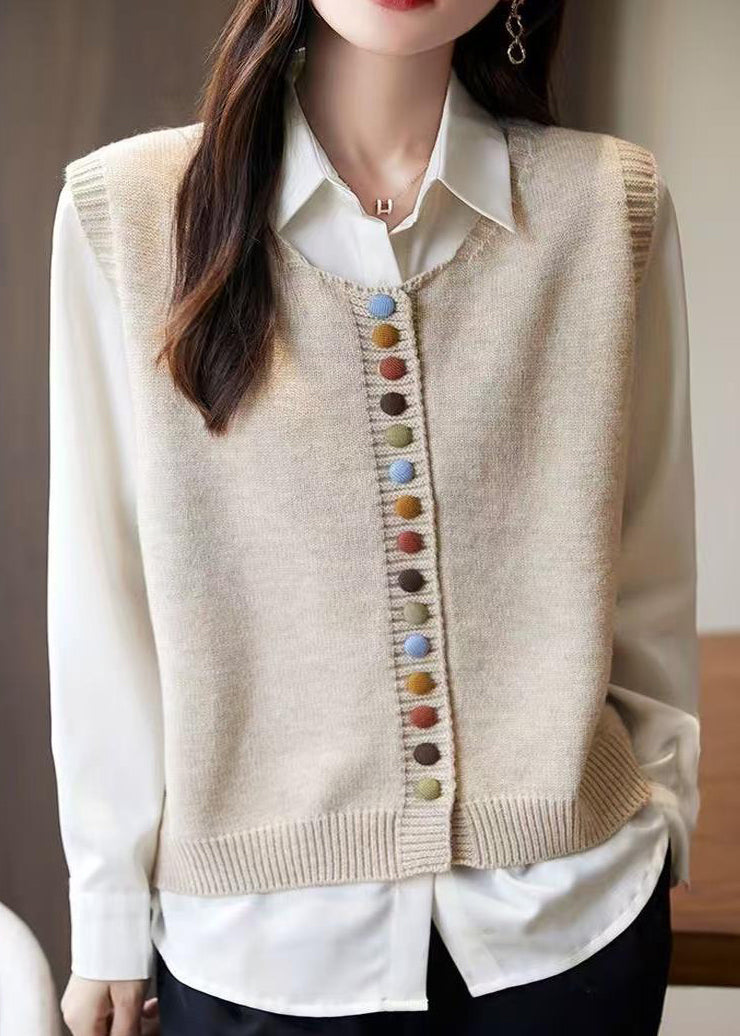 Gilet simple en tricot gris à col rond et boutons sans manches TF034