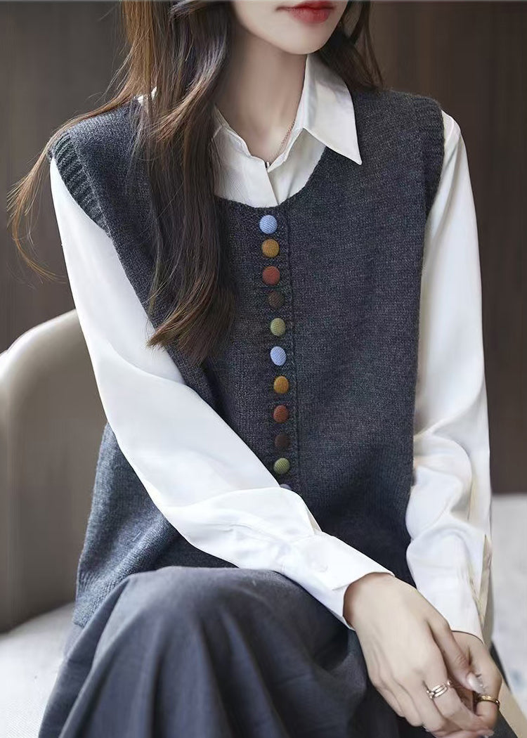 Gilet simple en tricot gris à col rond et boutons sans manches TF034