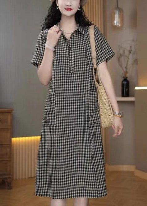 Simple Peter Plaid Sommer Mid Pan Leinen Kragen Kleid Grau