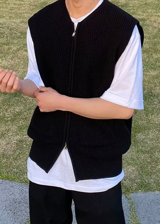 Gilet simple gris à poches zippées pour homme, tricot uni, sans manches, RJ032