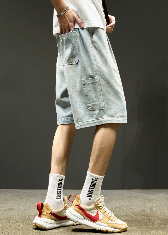 Short en jean bleu clair simple à lacets et taille élastique pour homme, été YL025