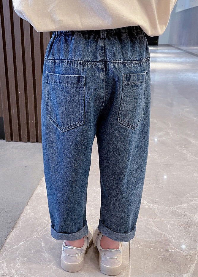 Pantalon denim simple bleu marine à taille élastique pour fille, motif patchwork, TV014