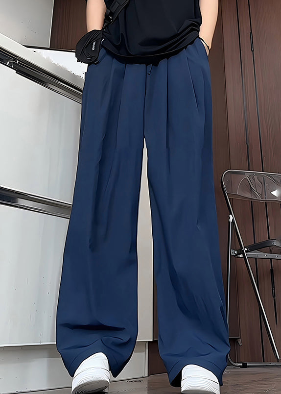 Pantalon en soie pour homme, bleu marine, élastique, uni, été, simple, poches à glace