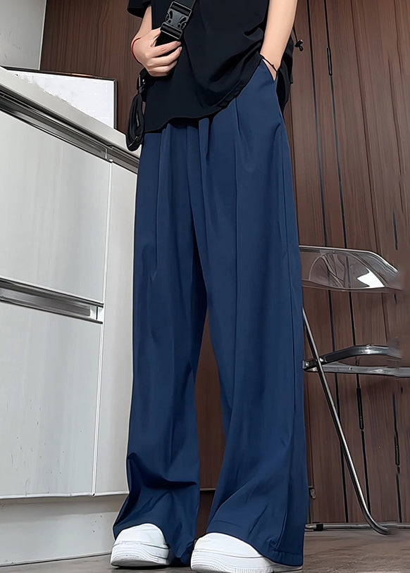 Pantalon en soie pour homme, bleu marine, élastique, uni, été, simple, poches à glace