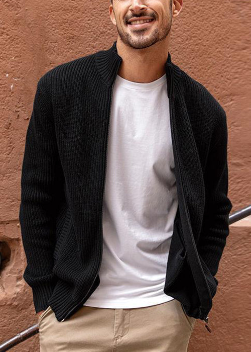 Cardigan zippé à poches en tricot pour homme, bleu marine, simple