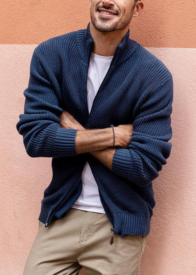 Cardigan zippé à poches en tricot pour homme, bleu marine, simple