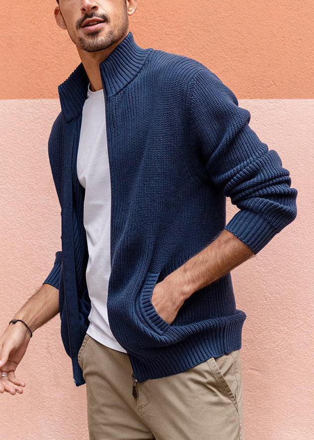Cardigan zippé à poches en tricot pour homme, bleu marine, simple