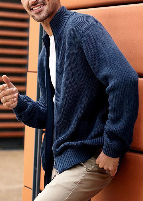 Cardigan zippé à poches en tricot pour homme, bleu marine, simple