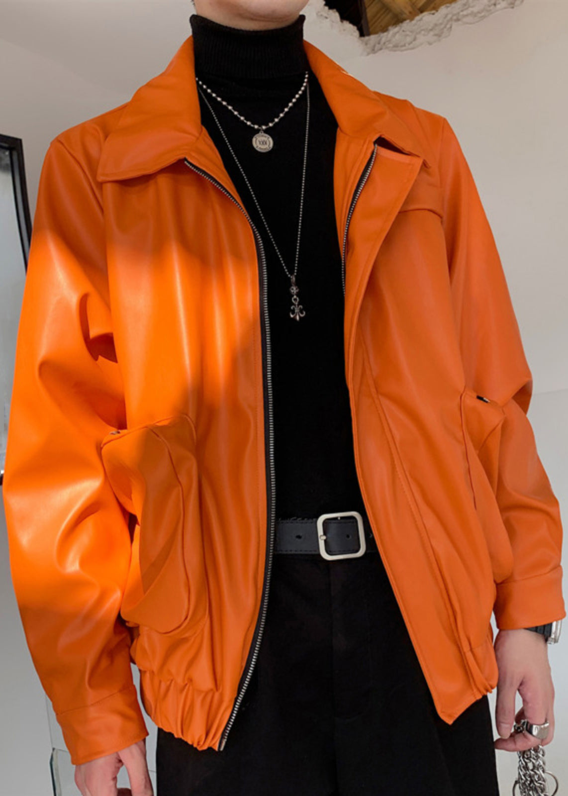 Manteau simple orange en similicuir avec poches zippées pour homme, printemps RN031