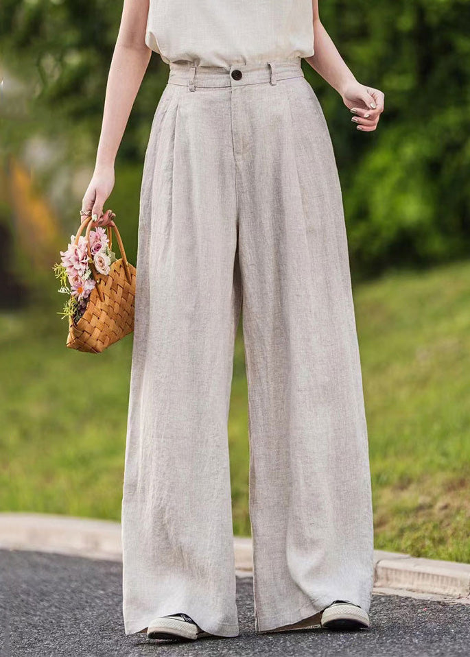 Pantalon rose droit à taille haute avec poches d'été en lin simple