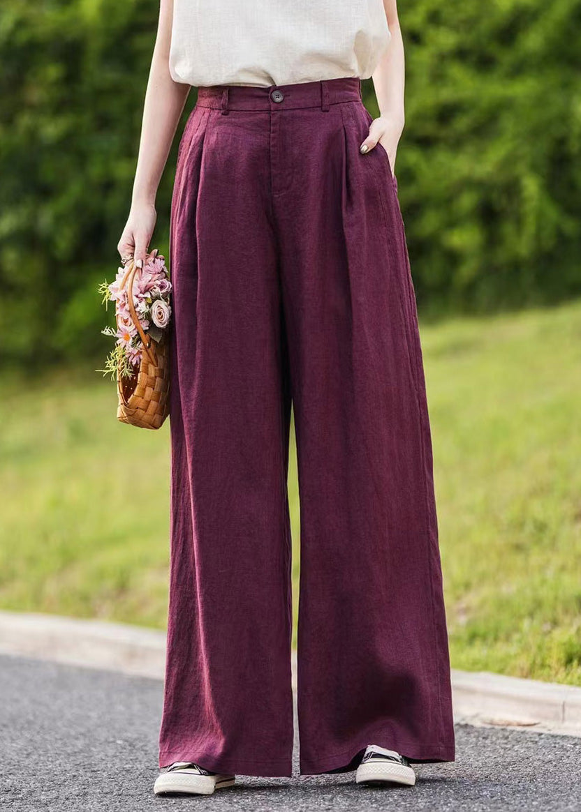 Pantalon rose droit à taille haute avec poches d'été en lin simple