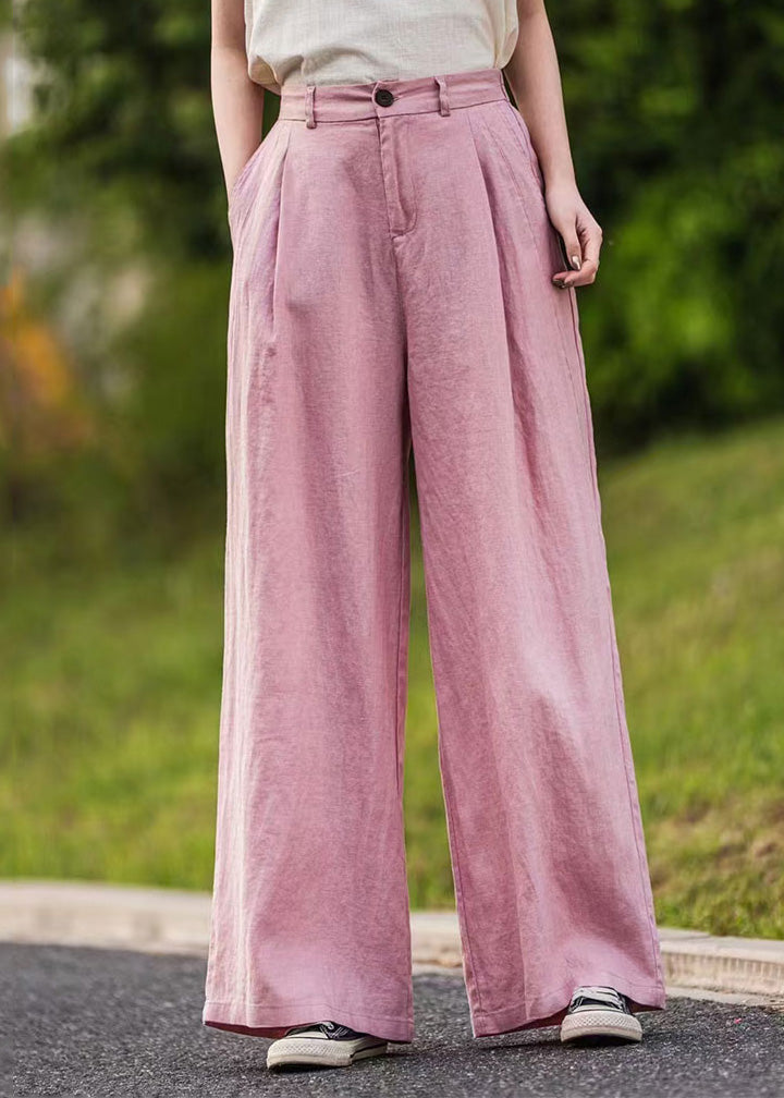 Pantalon rose droit à taille haute avec poches d'été en lin simple