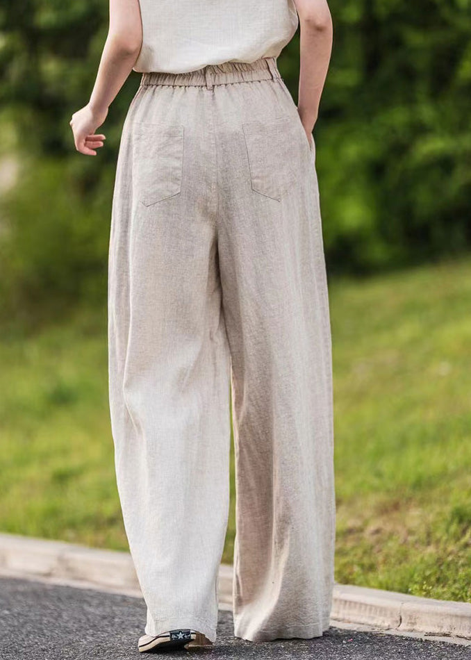 Pantalon rose droit à taille haute avec poches d'été en lin simple