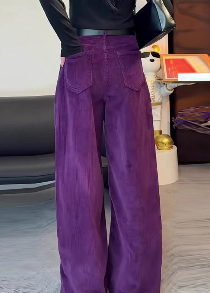 Pantalon droit simple en velours côtelé violet taille haute avec ouverture latérale, printemps
