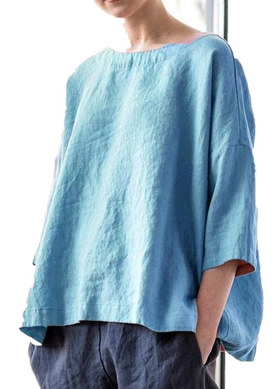 Einfache lila Rundhalsbluse aus massiver Baumwolle mit Armbandärmeln FF032
