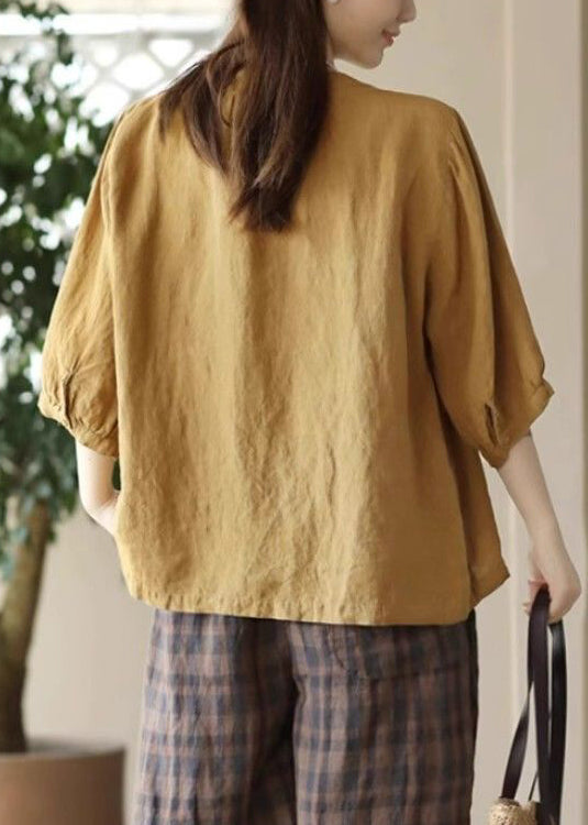 Red Simple Sleeve Bracelet Cotton Button Shirts O Neck