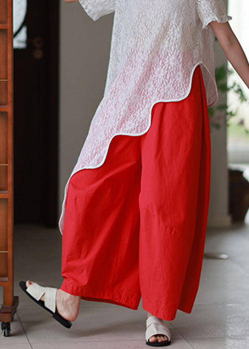 Pants Leg Simple Elastic Summer Pockets Wide Waist Cotton Red