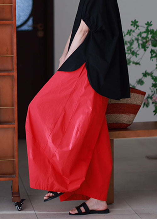 Pants Leg Simple Elastic Summer Pockets Wide Waist Cotton Red