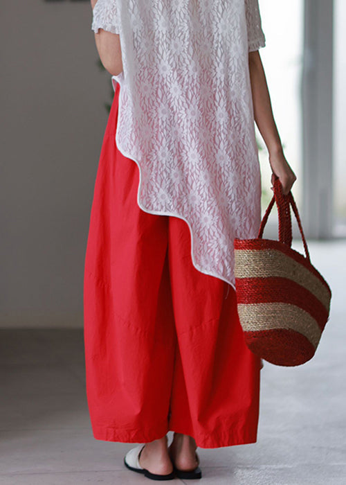 Pants Leg Simple Elastic Summer Pockets Wide Waist Cotton Red