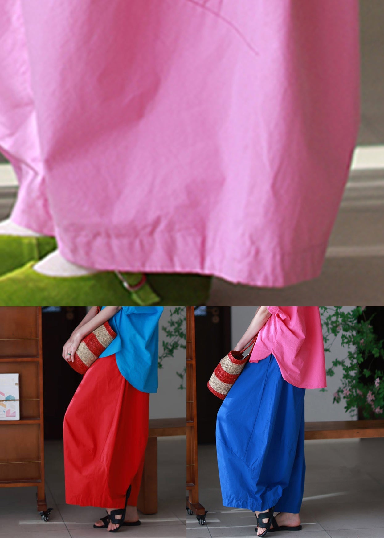 Pants Leg Simple Elastic Summer Pockets Wide Waist Cotton Red