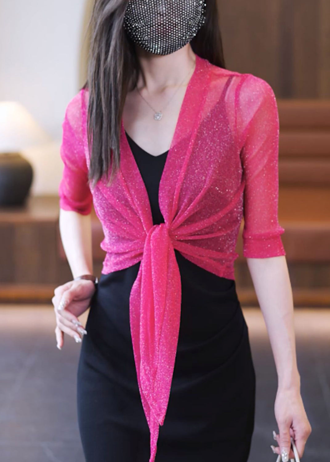 Simple Rose V Neck Solid Lace Up Tulle Cardigans Half Sleeve Ada Fashion