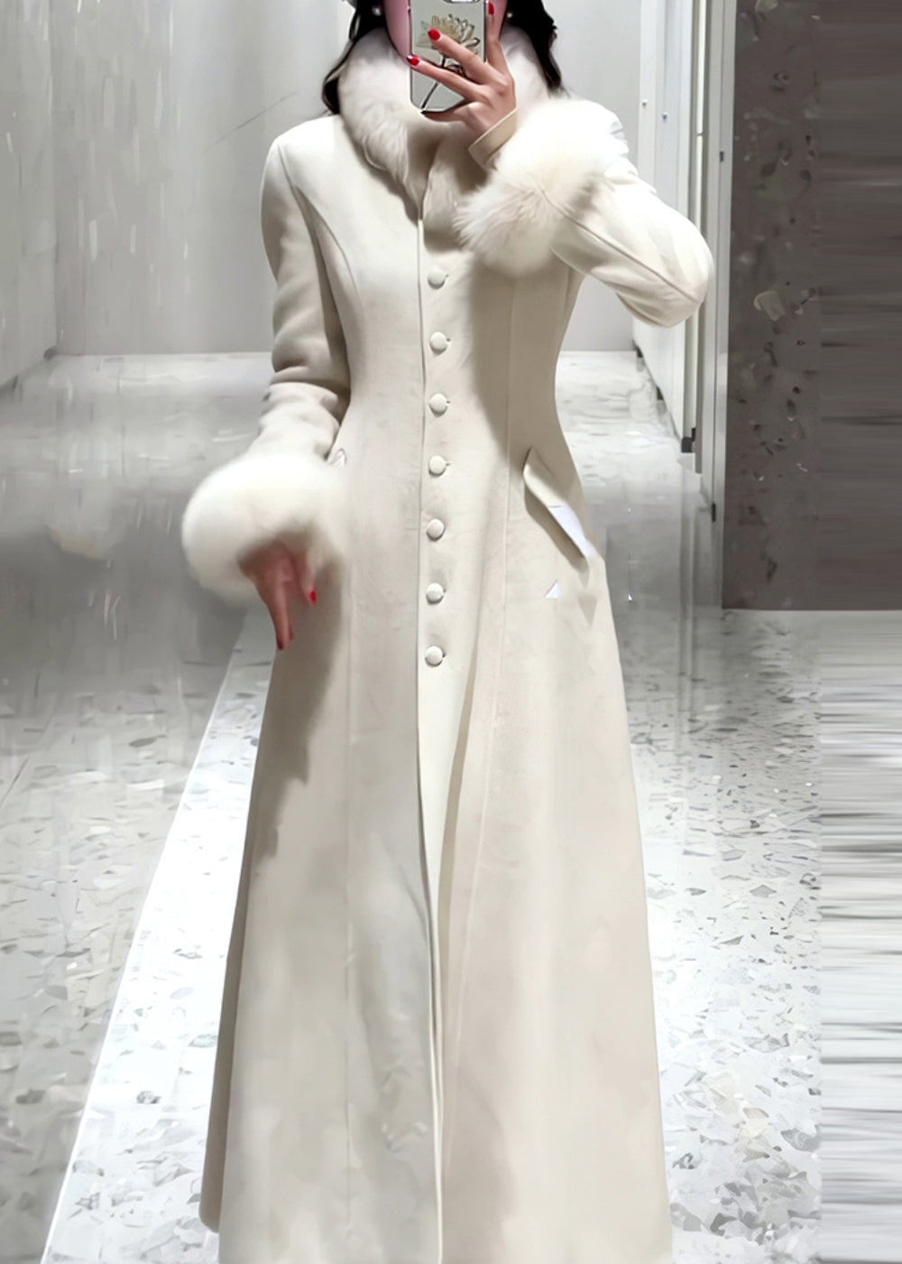 Manteau simple en laine à boutons blancs et fourrure patchwork, printemps TY001