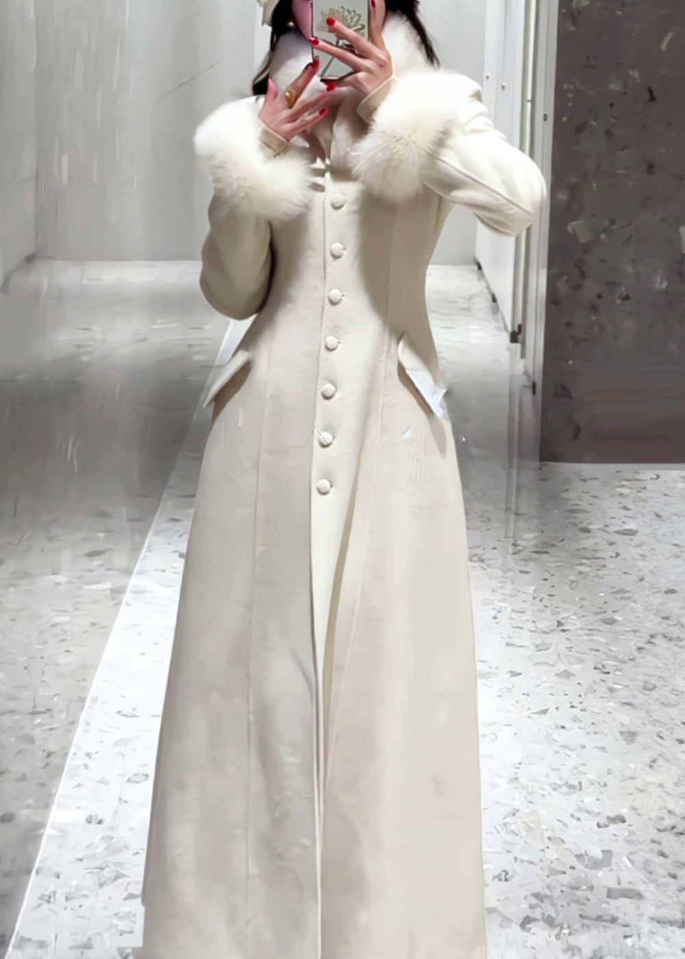 Manteau simple en laine à boutons blancs et fourrure patchwork, printemps TY001
