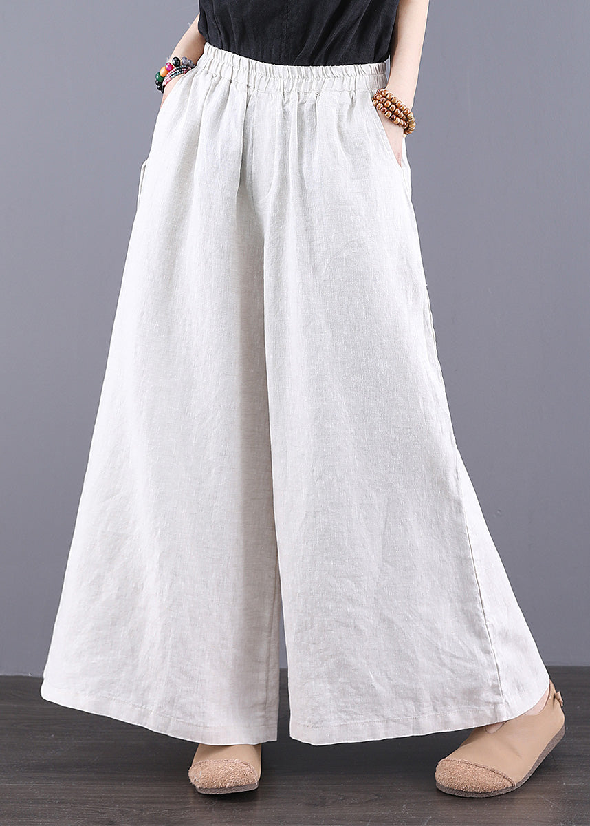 Pantalon d'été droit élastique simple à taille haute en lin blanc
