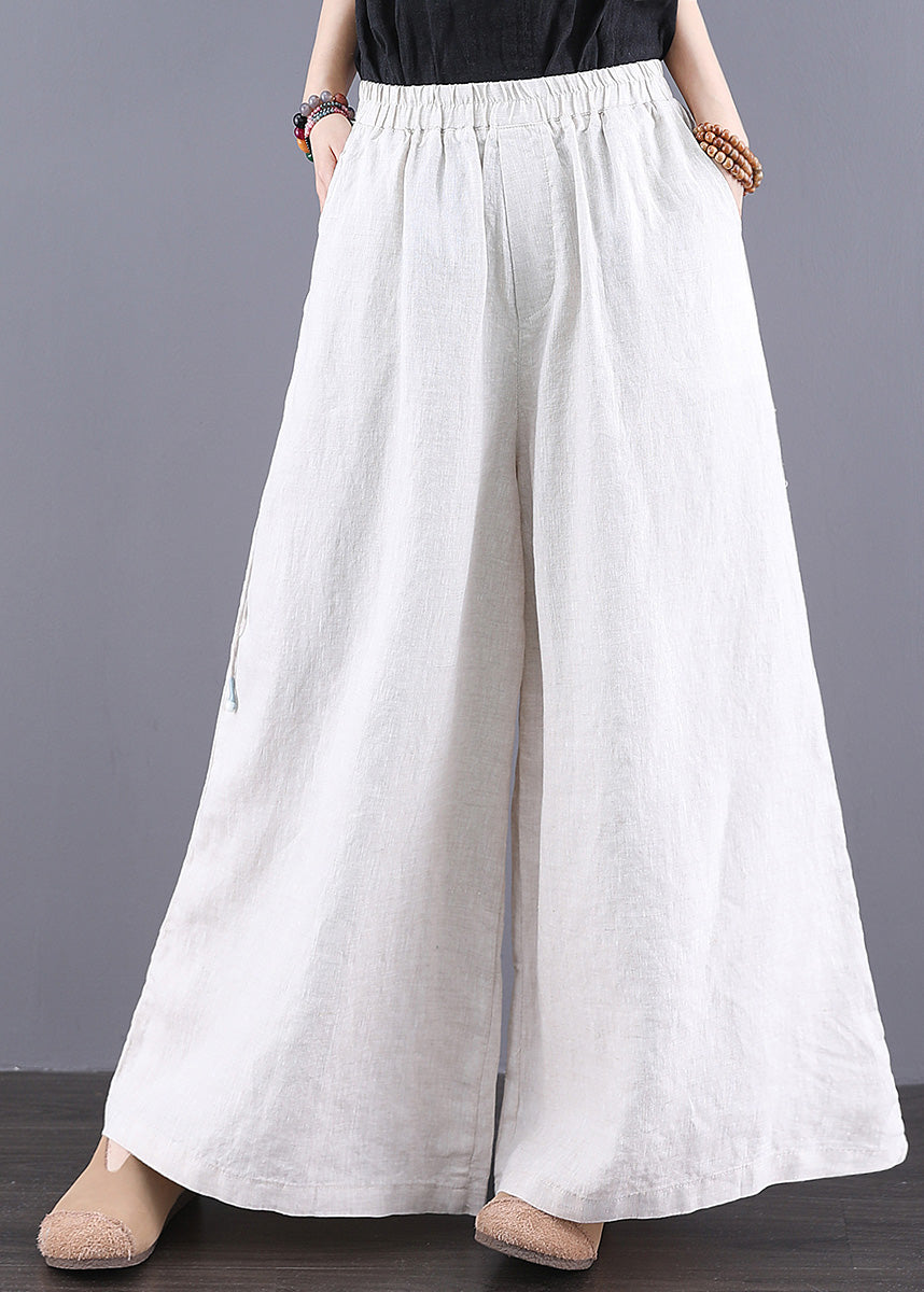 Pantalon d'été droit élastique simple à taille haute en lin blanc