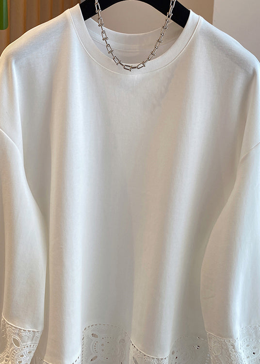 Haut simple en coton blanc à col rond et dentelle ajourée, style patchwork, printemps YF003