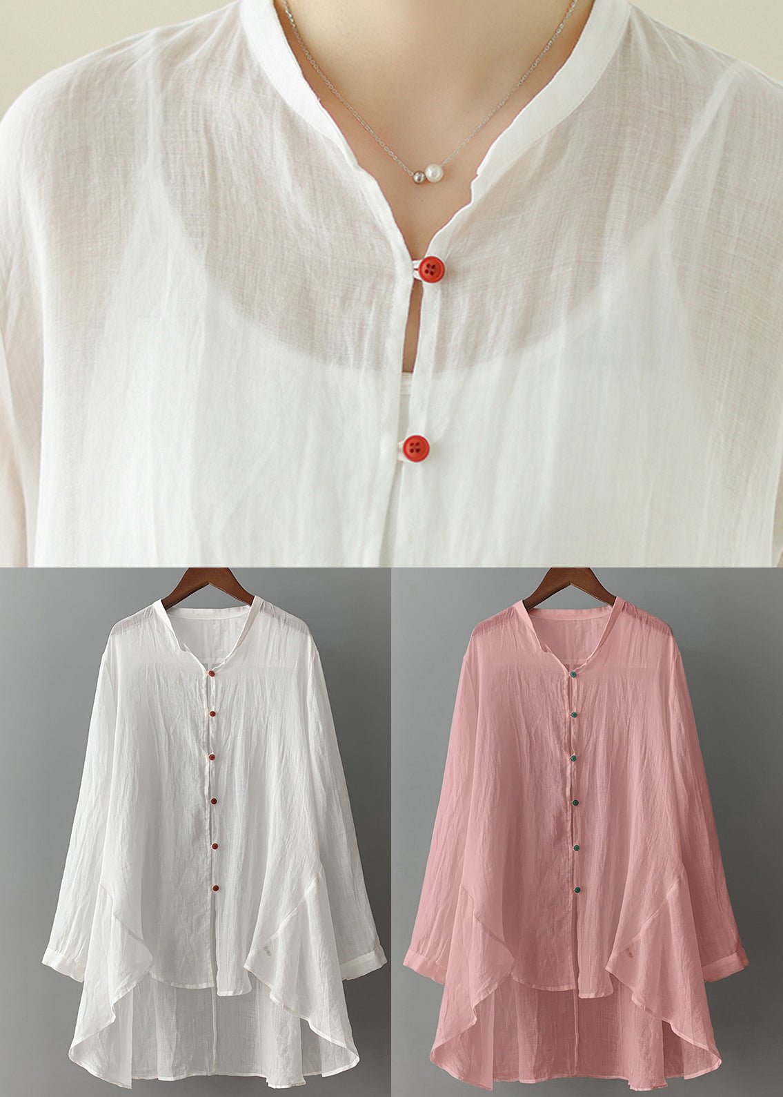 Einfaches weißes O-Ausschnitt-Baumwollhemd mit niedrigem und hohem Design, Frühling TI023