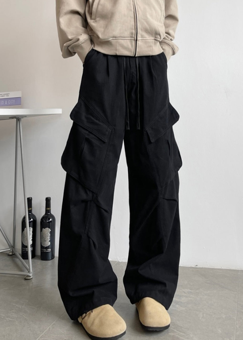Pantalon taille élastique pour homme, poches en dentelle blanche, coton simple