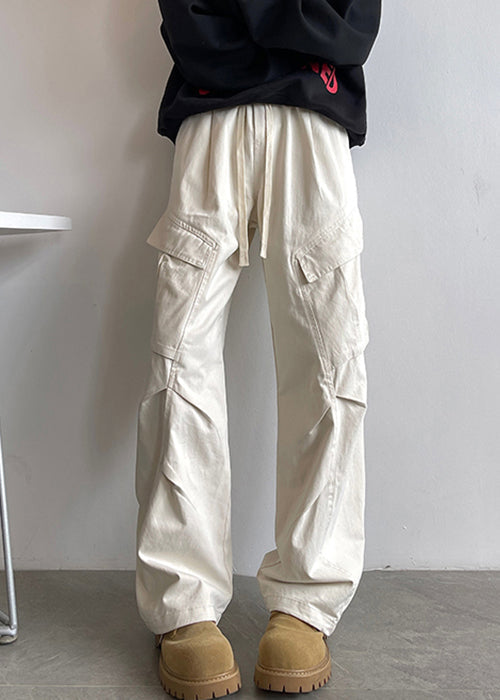 Pantalon taille élastique pour homme, poches en dentelle blanche, coton simple