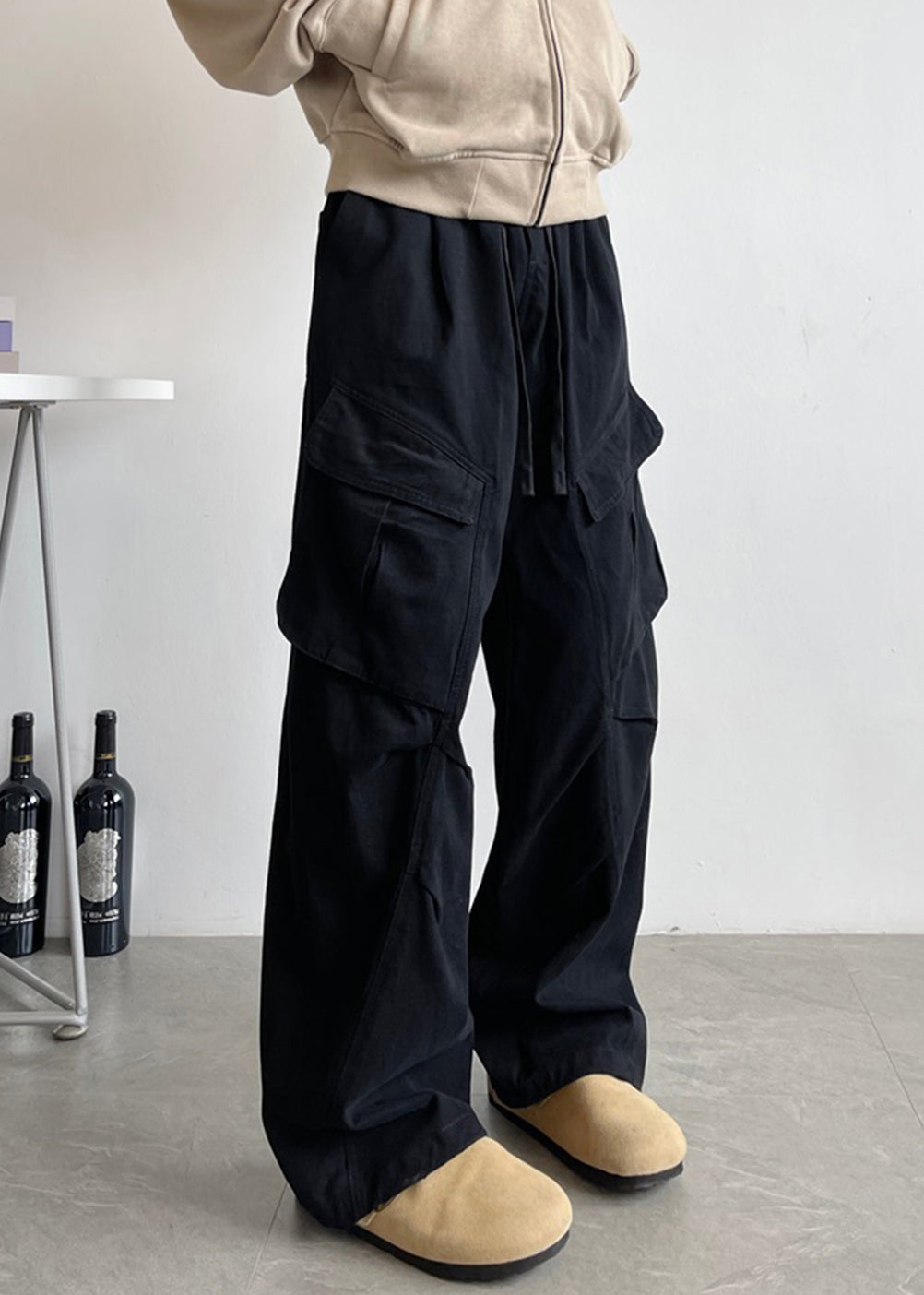 Pantalon taille élastique pour homme, poches en dentelle blanche, coton simple