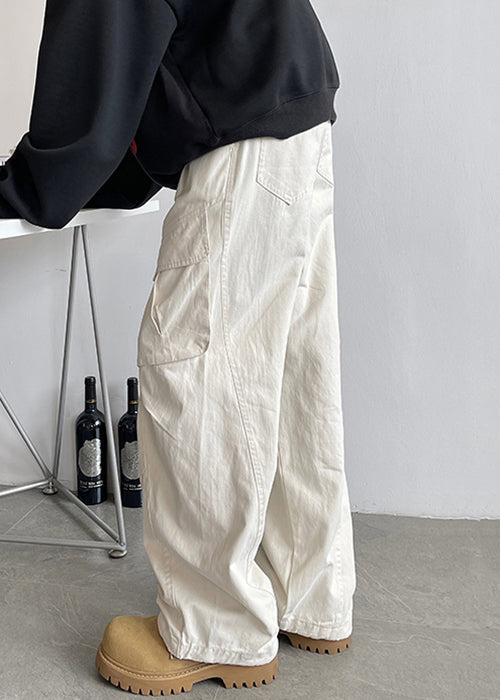 Pantalon taille élastique pour homme, poches en dentelle blanche, coton simple