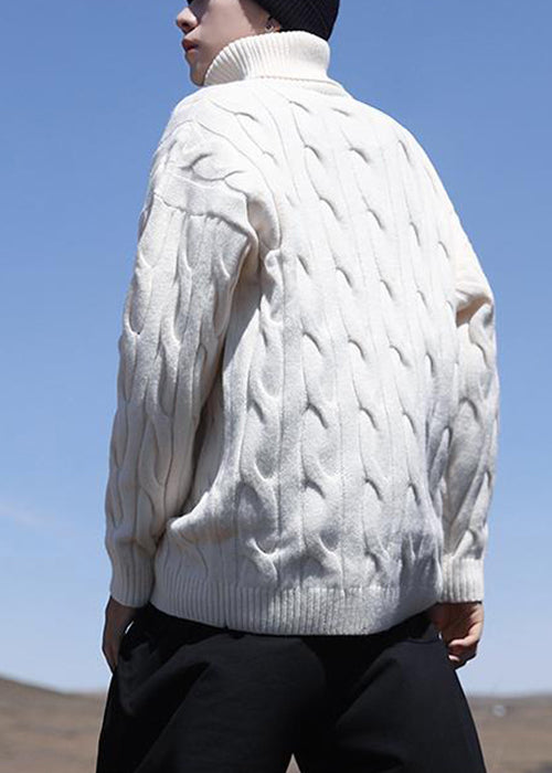 Pull simple à col roulé blanc uni en tricot pour homme, hiver RJ047