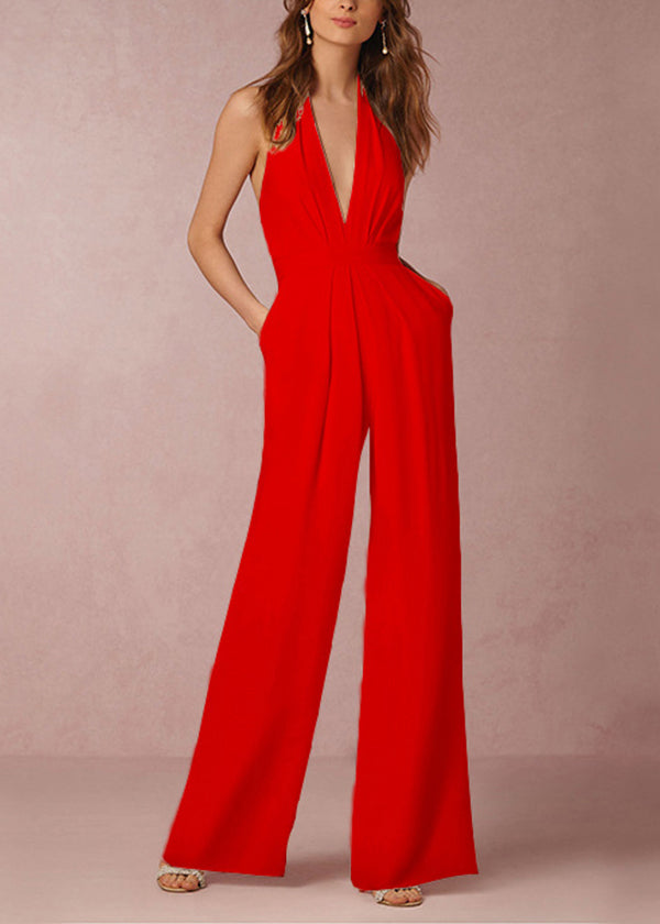Sleeveless Backless Pockets White Neck V Simple Jumpsuit Cotton