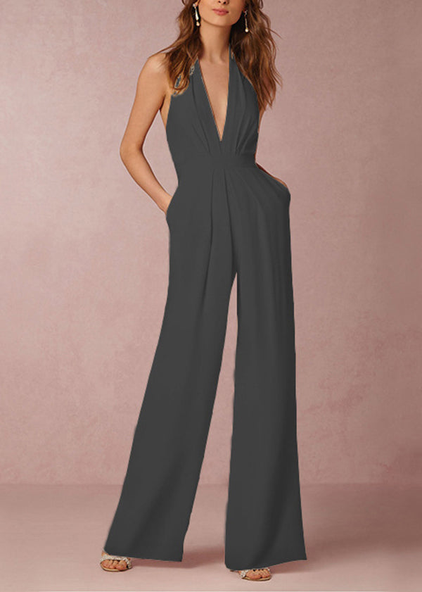 Sleeveless Backless Pockets White Neck V Simple Jumpsuit Cotton