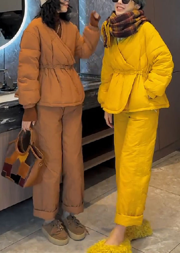 Ensemble deux pièces simple jaune à lacets, haut et pantalon en coton fin, printemps YW023