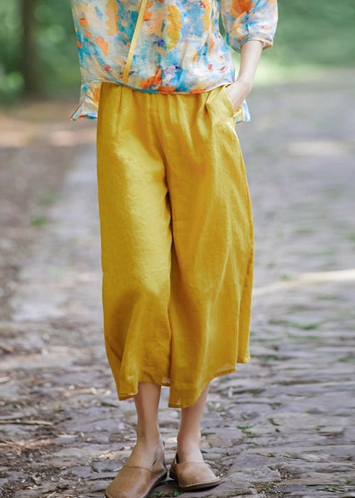 Pantalon court d'été en lin jaune avec poches élastiques et taille simple